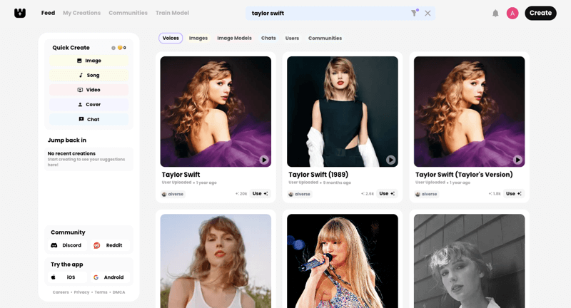 Taylor Swift voice model selection